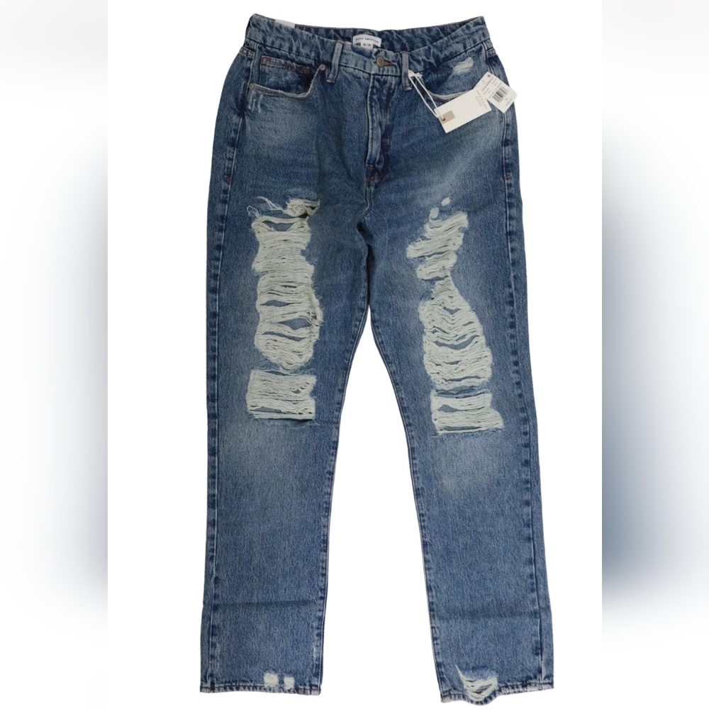 Good American Good Boy Distressed Blue Straight Leg Jeans Sz 0/25 Nwt